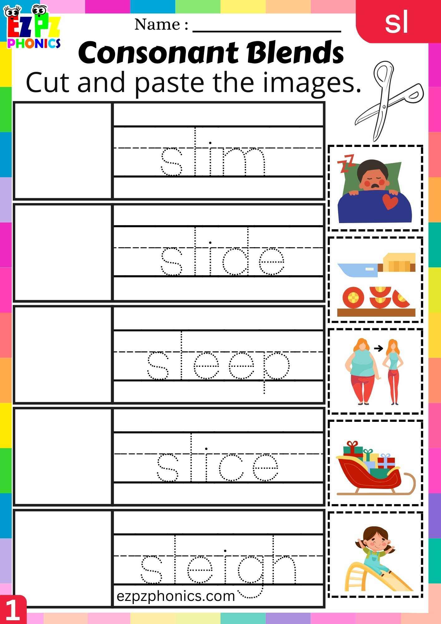 Group1 SL Words Cut And Paste The Images Phonics Consonant Blends Worksheet